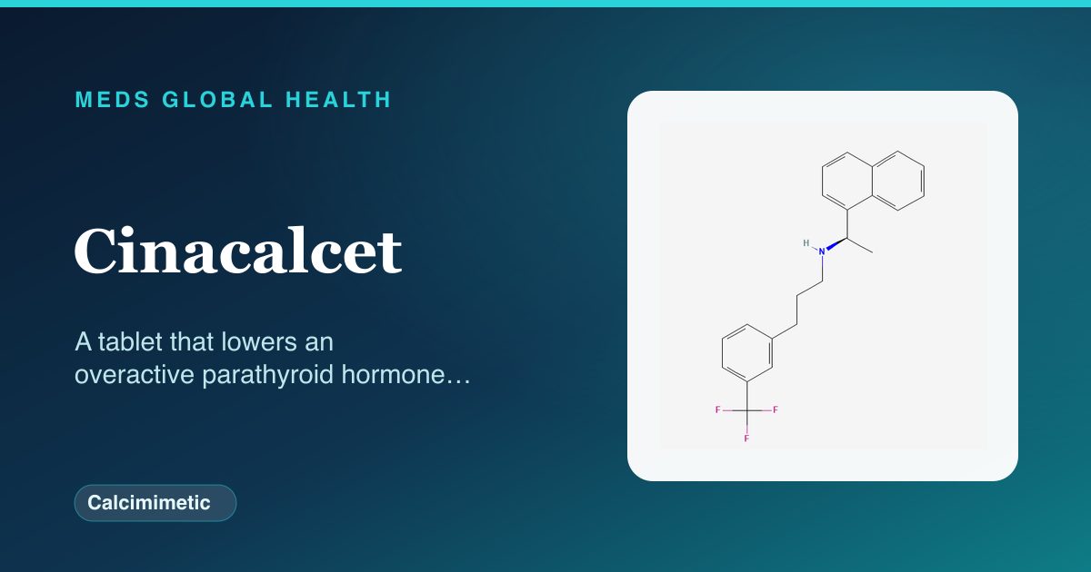 Cinacalcet (Calcimimetic) — Meds Global Health reference card with 2D molecular structure