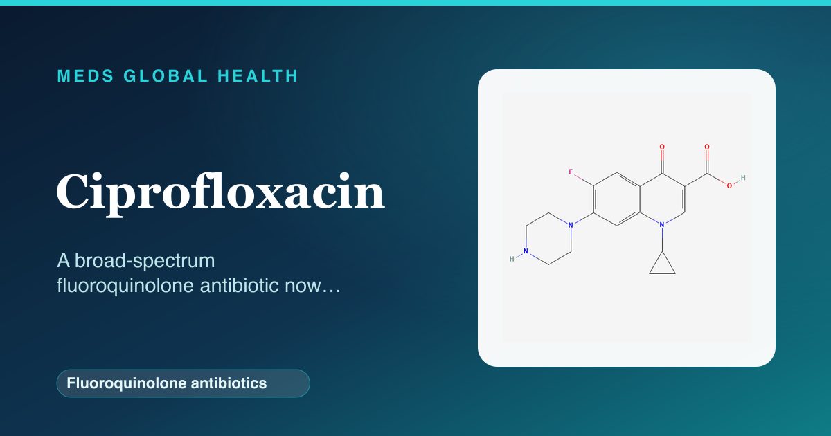 Ciprofloxacin (Fluoroquinolone antibiotics) — Meds Global Health reference card with 2D molecular structure