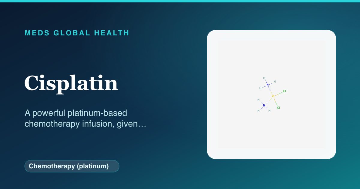 Cisplatin (Chemotherapy (platinum)) — Meds Global Health reference card with 2D molecular structure