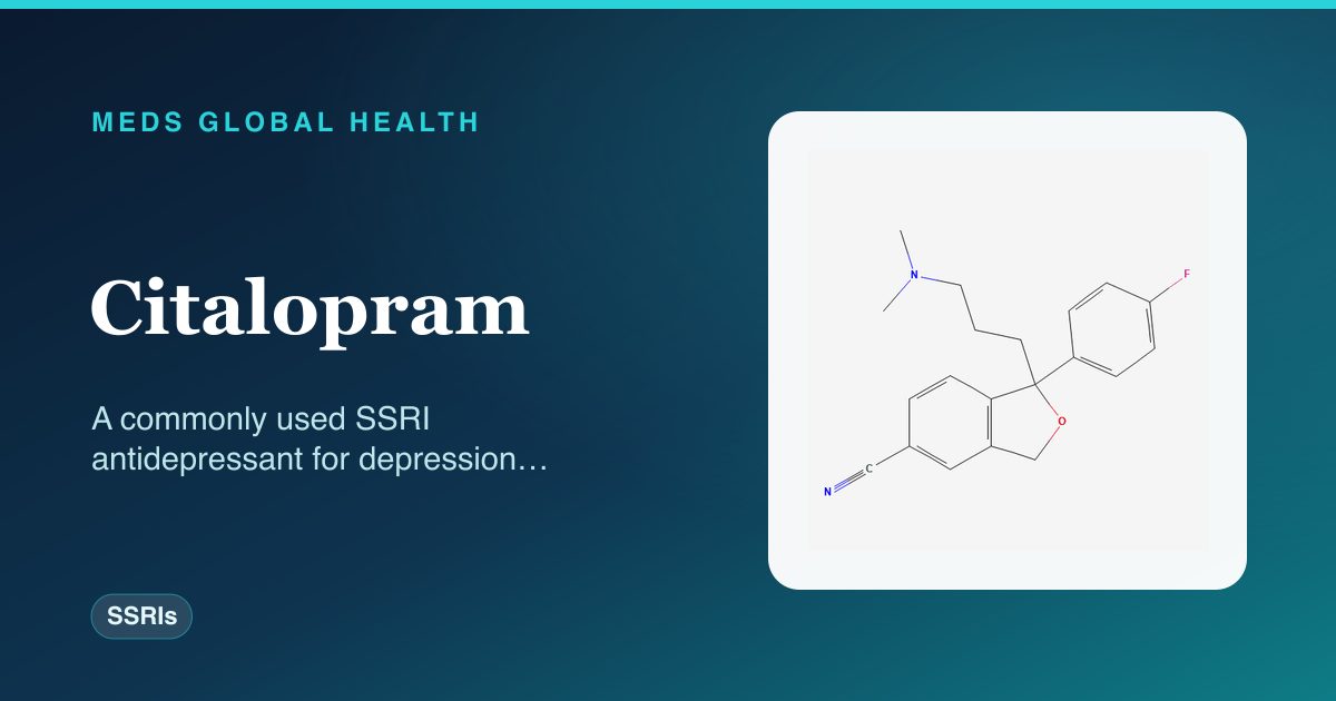 Citalopram (SSRIs) — Meds Global Health reference card with 2D molecular structure