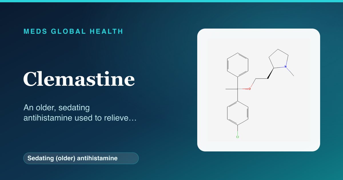 Clemastine (Sedating (older) antihistamine) — Meds Global Health reference card with 2D molecular structure