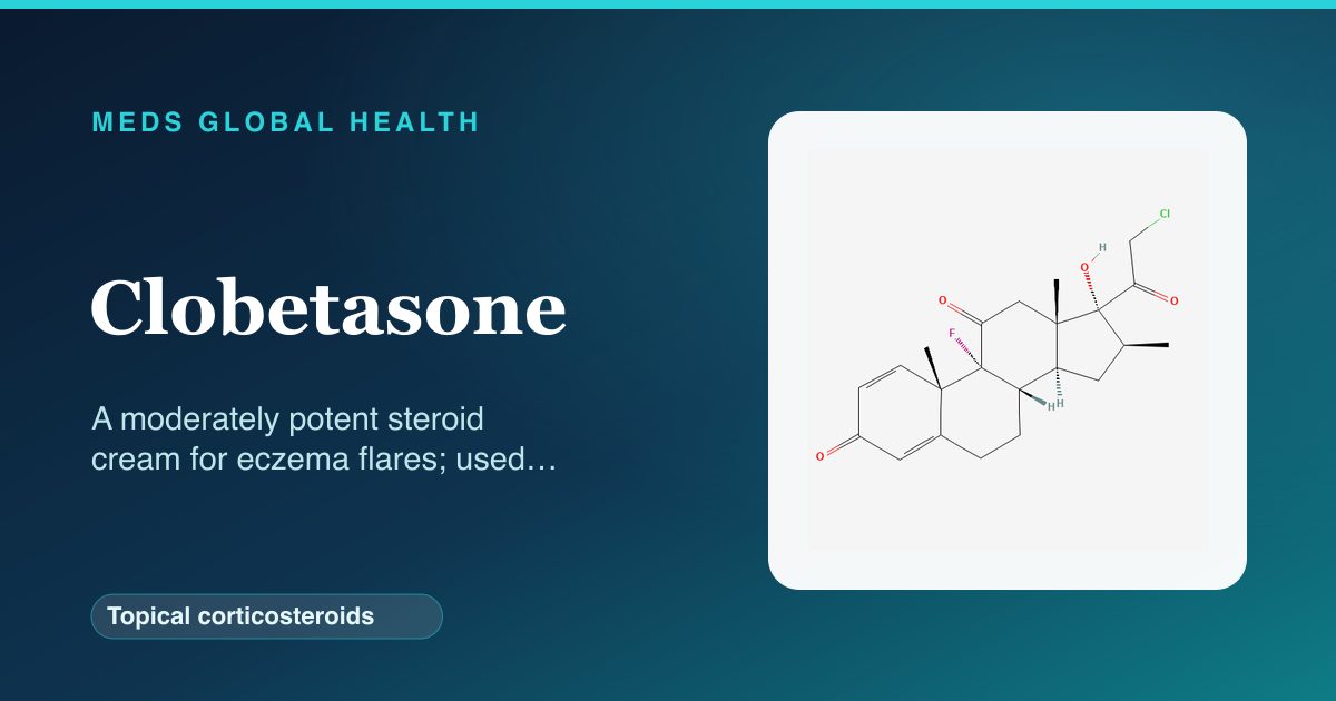 Clobetasone (Topical corticosteroids) — Meds Global Health reference card with 2D molecular structure