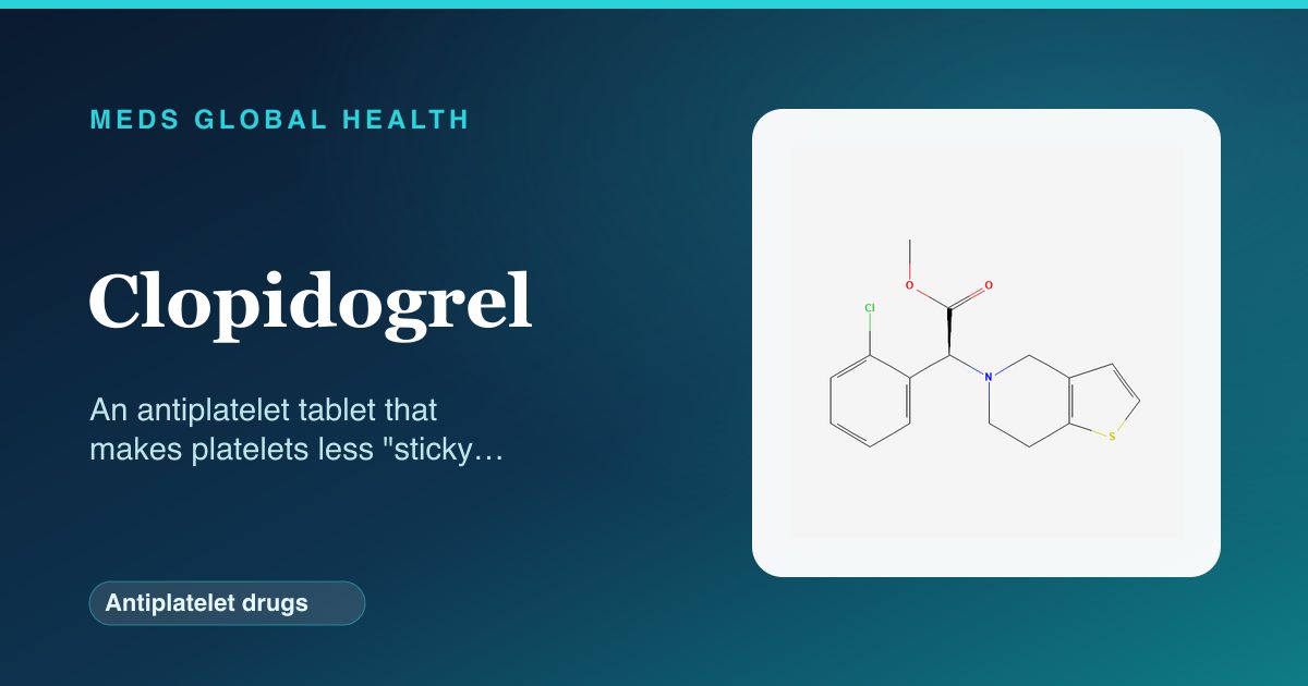 Clopidogrel (Antiplatelet drugs) — Meds Global Health reference card with 2D molecular structure