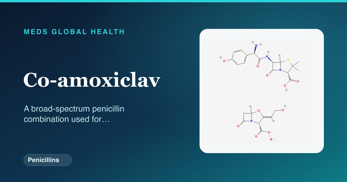 Co-amoxiclav (Penicillins) — Meds Global Health reference card with 2D molecular structure