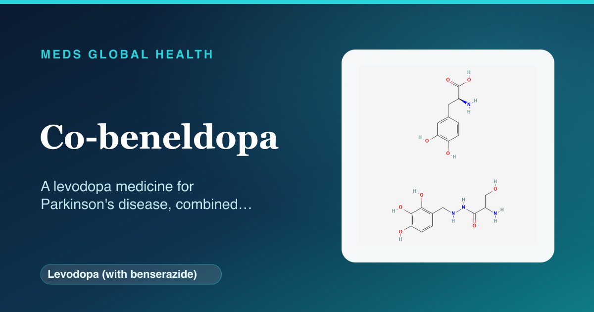 Co-beneldopa (Levodopa (with benserazide)) — Meds Global Health reference card with 2D molecular structure