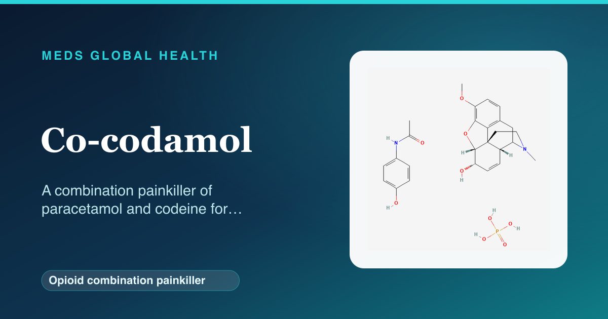 Co-codamol (Opioid combination painkiller) — Meds Global Health reference card with 2D molecular structure