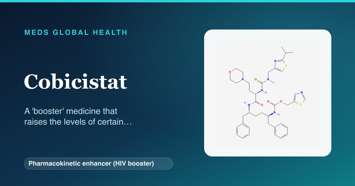 Cobicistat (Pharmacokinetic enhancer (HIV booster)) — Meds Global Health reference card with 2D molecular structure