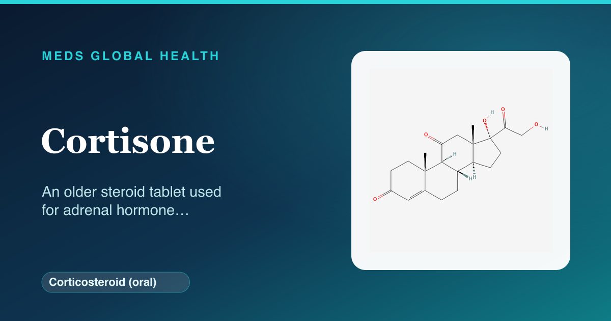 Cortisone (Corticosteroid (oral)) — Meds Global Health reference card with 2D molecular structure