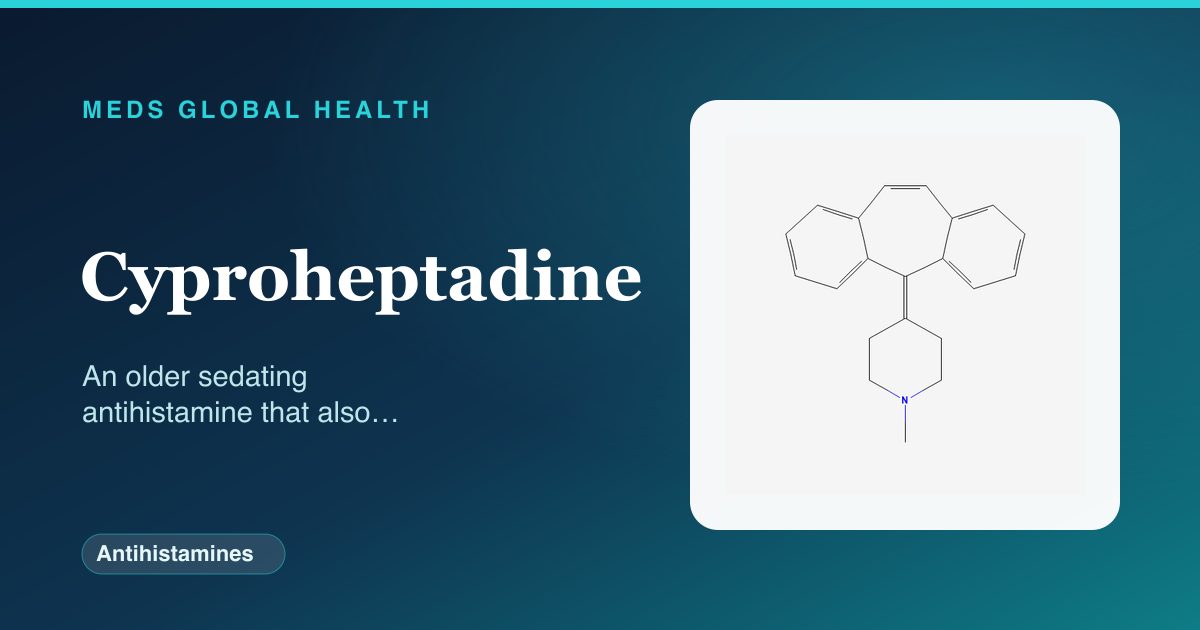 Cyproheptadine (Antihistamines) — Meds Global Health reference card with 2D molecular structure