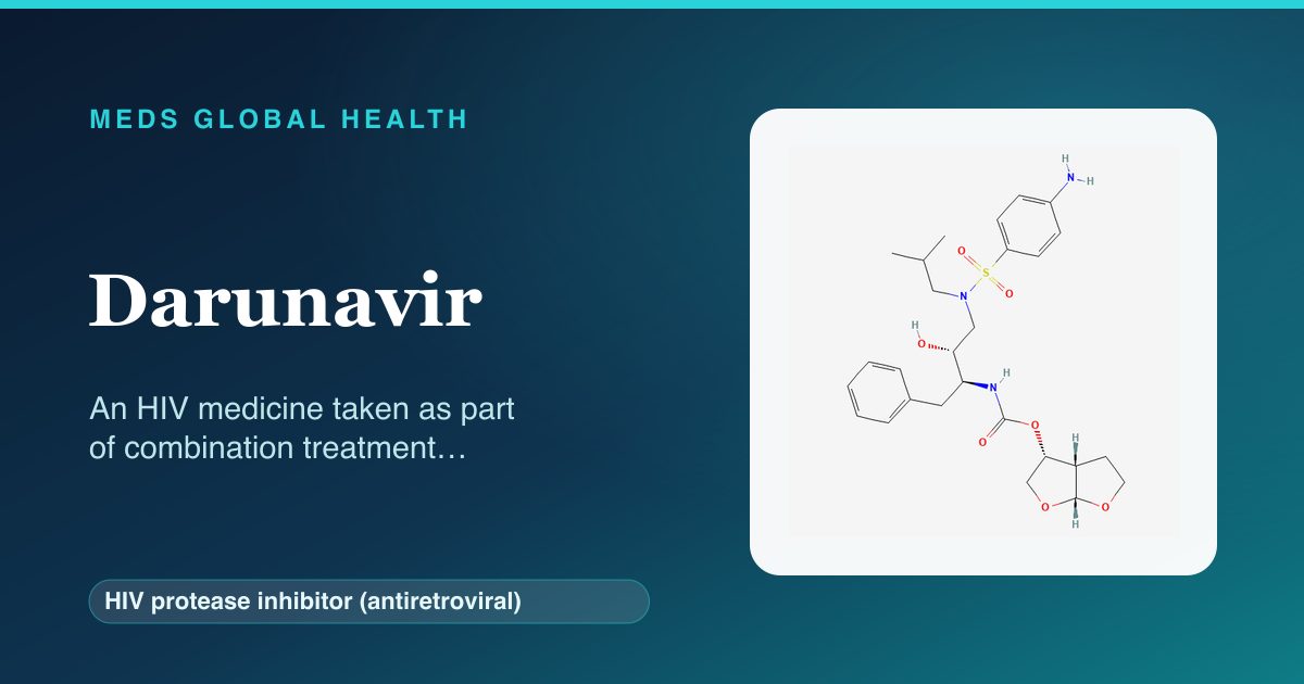 Darunavir (HIV protease inhibitor (antiretroviral)) — Meds Global Health reference card with 2D molecular structure