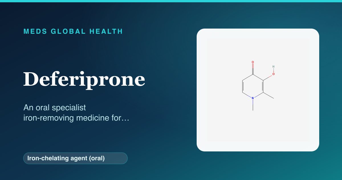 Deferiprone (Iron-chelating agent (oral)) — Meds Global Health reference card with 2D molecular structure