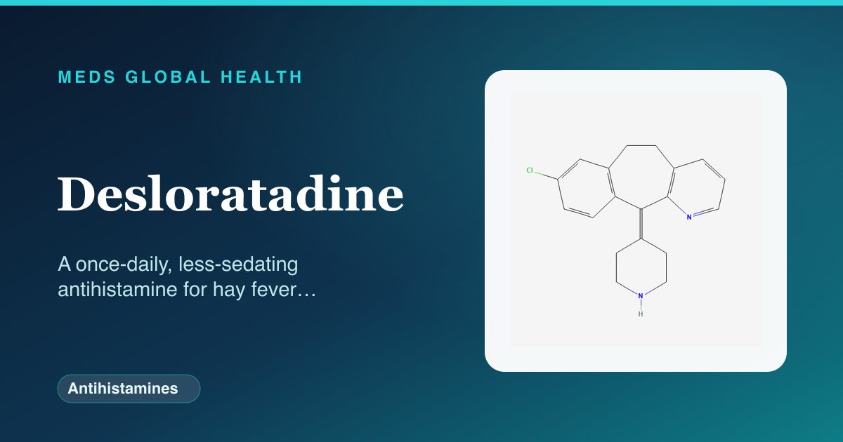 Desloratadine (Antihistamines) — Meds Global Health reference card with 2D molecular structure