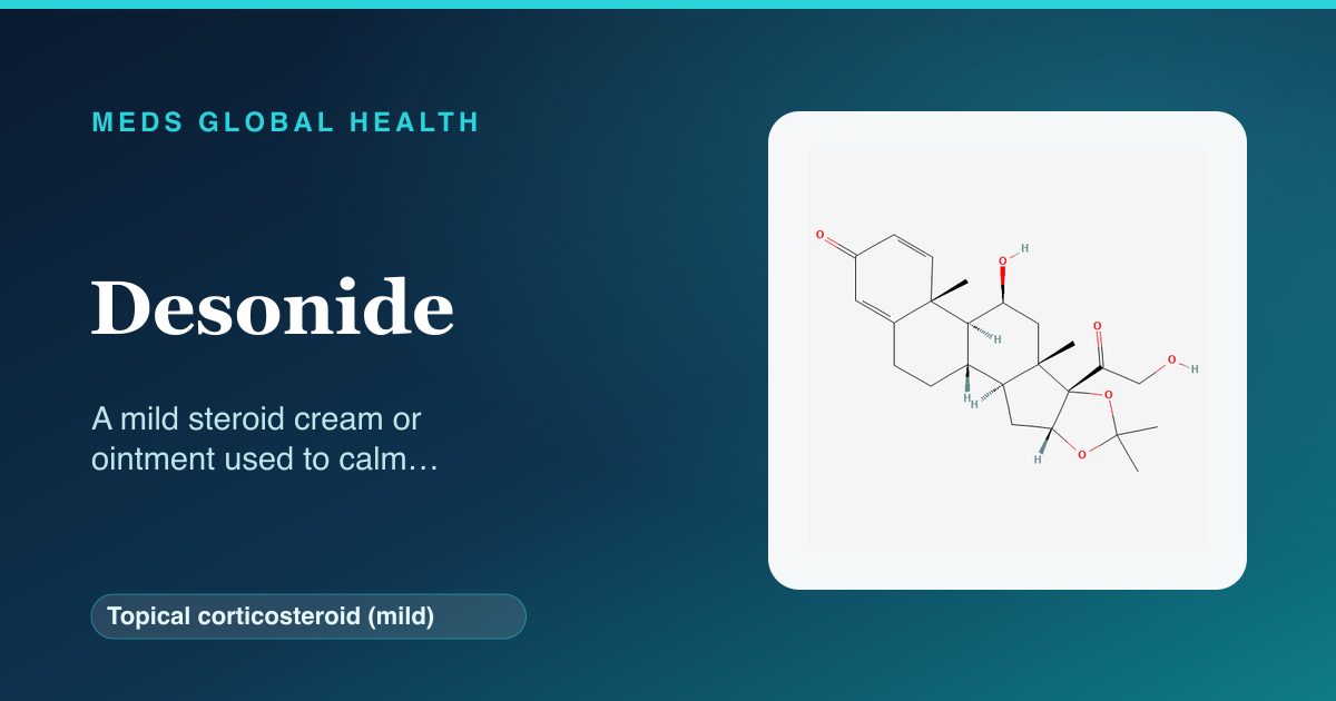 Desonide (Topical corticosteroid (mild)) — Meds Global Health reference card with 2D molecular structure