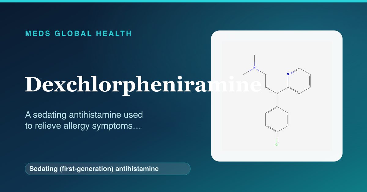 Dexchlorpheniramine (Sedating (first-generation) antihistamine) — Meds Global Health reference card with 2D molecular structure