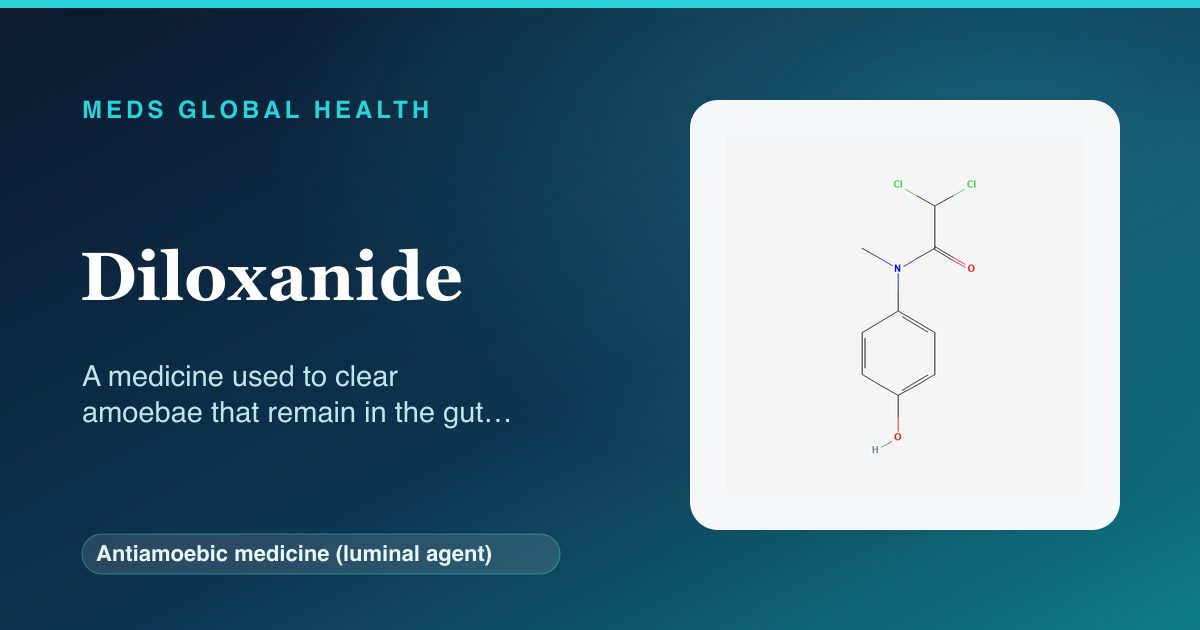 Diloxanide (Antiamoebic medicine (luminal agent)) — Meds Global Health reference card with 2D molecular structure