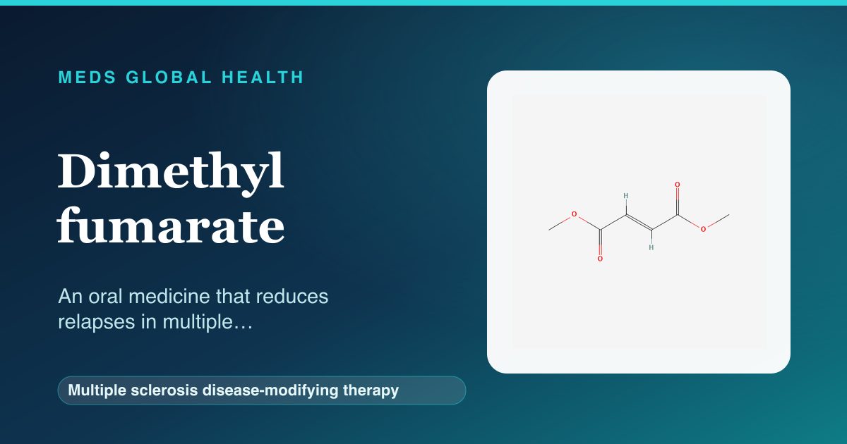 Dimethyl fumarate (Multiple sclerosis disease-modifying therapy) — Meds Global Health reference card with 2D molecular structure
