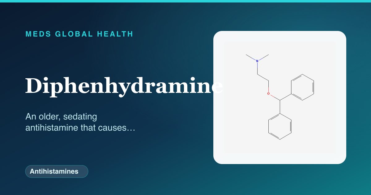 Diphenhydramine (Antihistamines) — Meds Global Health reference card with 2D molecular structure