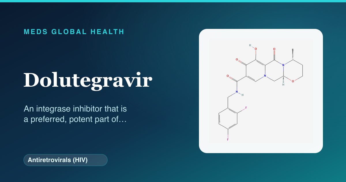 Dolutegravir (Antiretrovirals (HIV)) — Meds Global Health reference card with 2D molecular structure