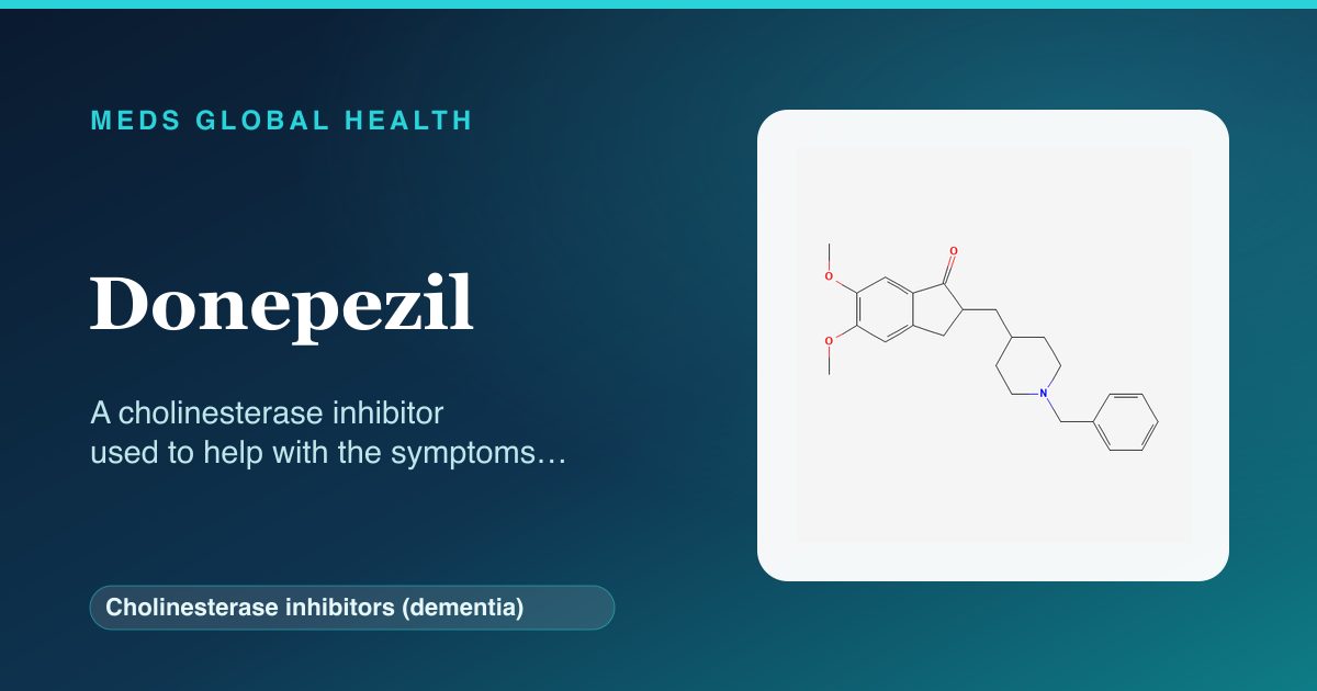 Donepezil (Cholinesterase inhibitors (dementia)) — Meds Global Health reference card with 2D molecular structure