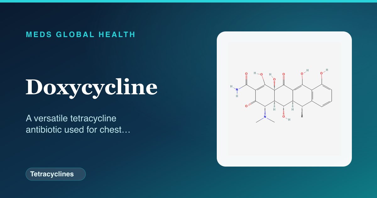 Doxycycline (Tetracyclines) — Meds Global Health reference card with 2D molecular structure