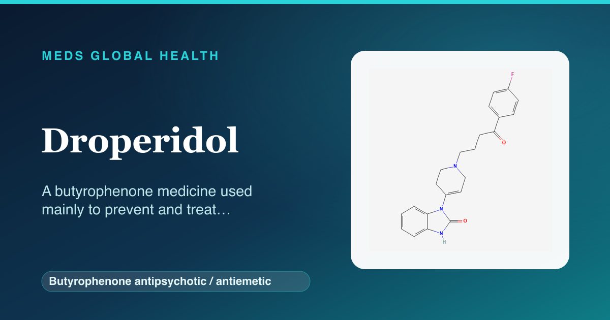 Droperidol (Butyrophenone antipsychotic / antiemetic) — Meds Global Health reference card with 2D molecular structure