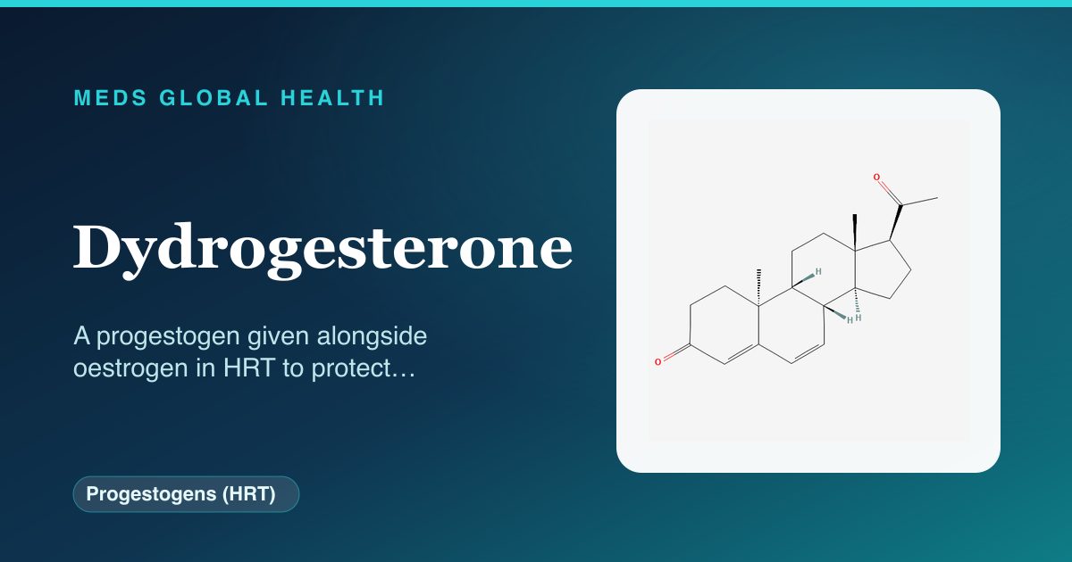 Dydrogesterone (Progestogens (HRT)) — Meds Global Health reference card with 2D molecular structure