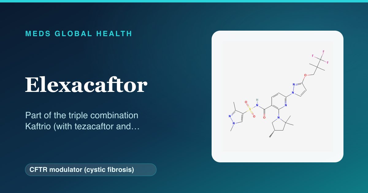 Elexacaftor (CFTR modulator (cystic fibrosis)) — Meds Global Health reference card with 2D molecular structure