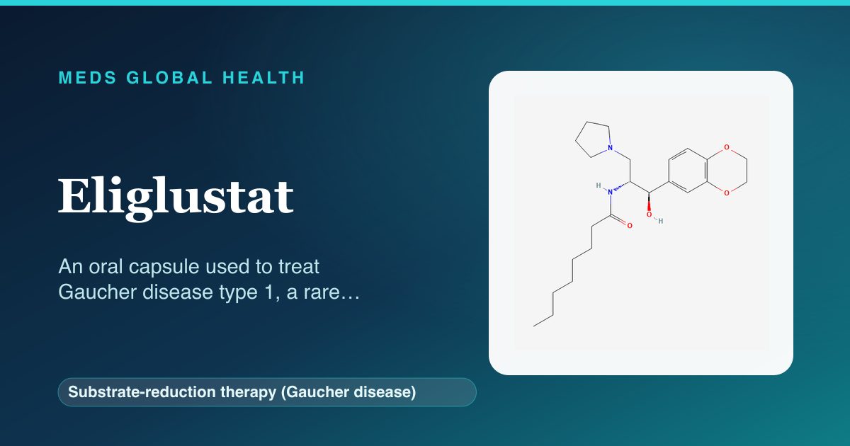 Eliglustat (Substrate-reduction therapy (Gaucher disease)) — Meds Global Health reference card with 2D molecular structure