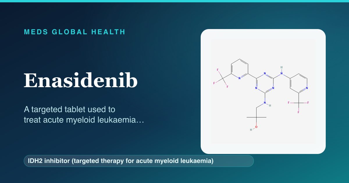 Enasidenib (IDH2 inhibitor (targeted therapy for acute myeloid leukaemia)) — Meds Global Health reference card with 2D molecular structure