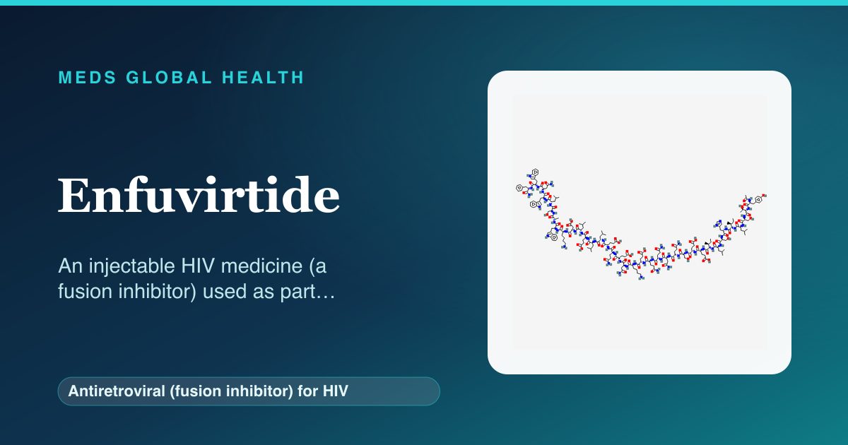 Enfuvirtide (Antiretroviral (fusion inhibitor) for HIV) — Meds Global Health reference card with 2D molecular structure