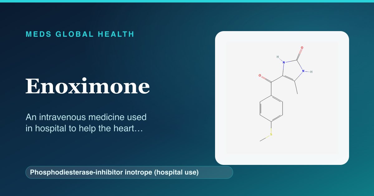 Enoximone (Phosphodiesterase-inhibitor inotrope (hospital use)) — Meds Global Health reference card with 2D molecular structure