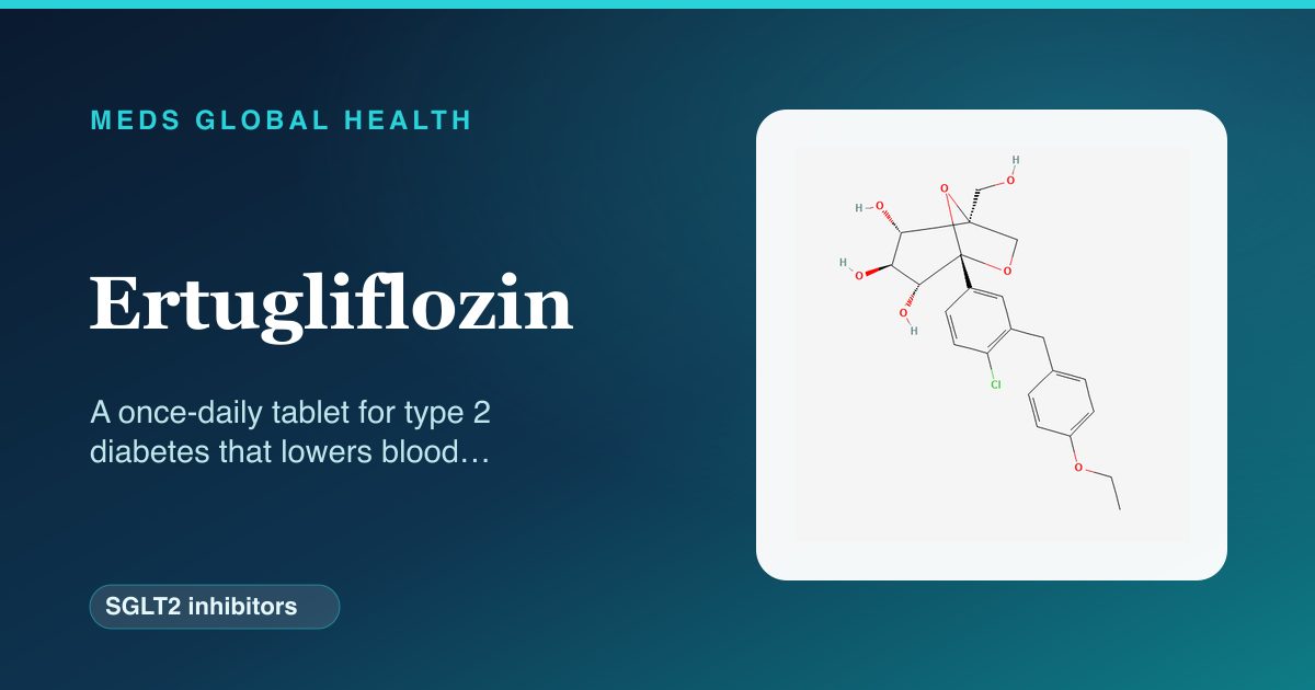 Ertugliflozin (SGLT2 inhibitors) — Meds Global Health reference card with 2D molecular structure