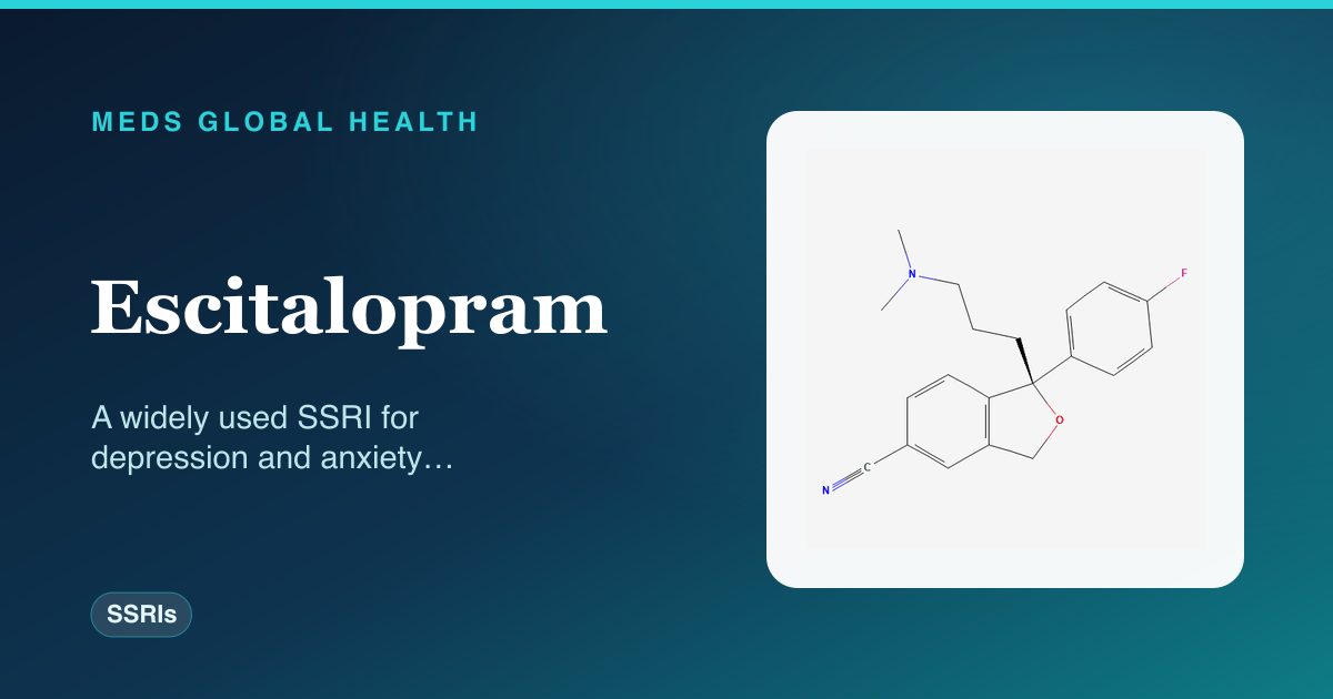 Escitalopram (SSRIs) — Meds Global Health reference card with 2D molecular structure