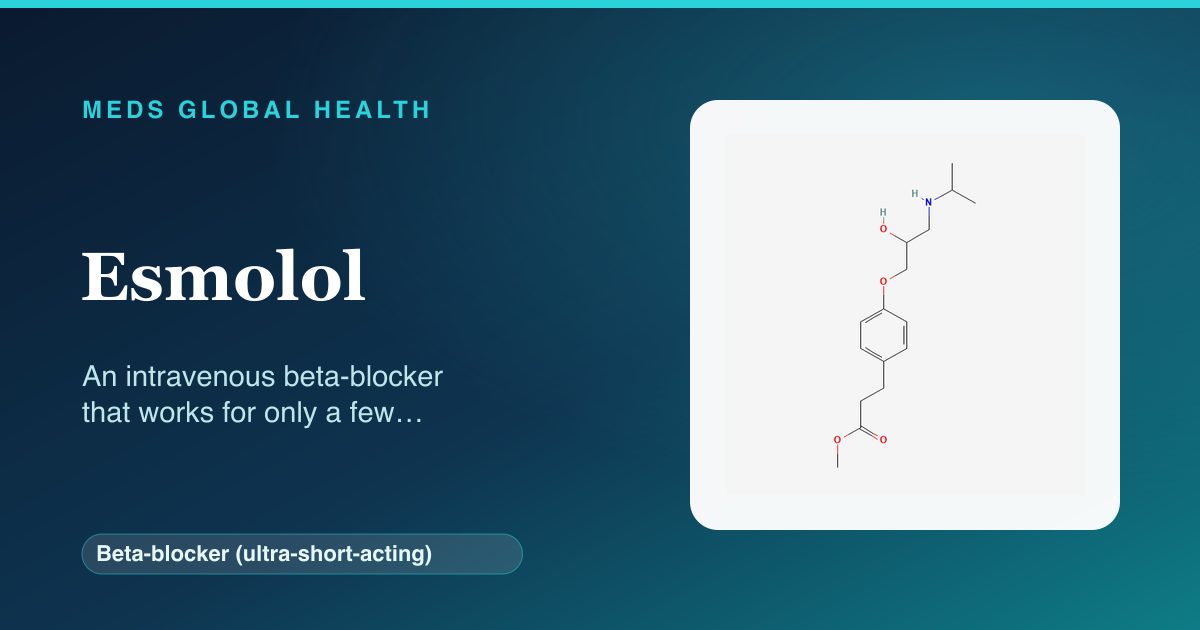 Esmolol (Beta-blocker (ultra-short-acting)) — Meds Global Health reference card with 2D molecular structure