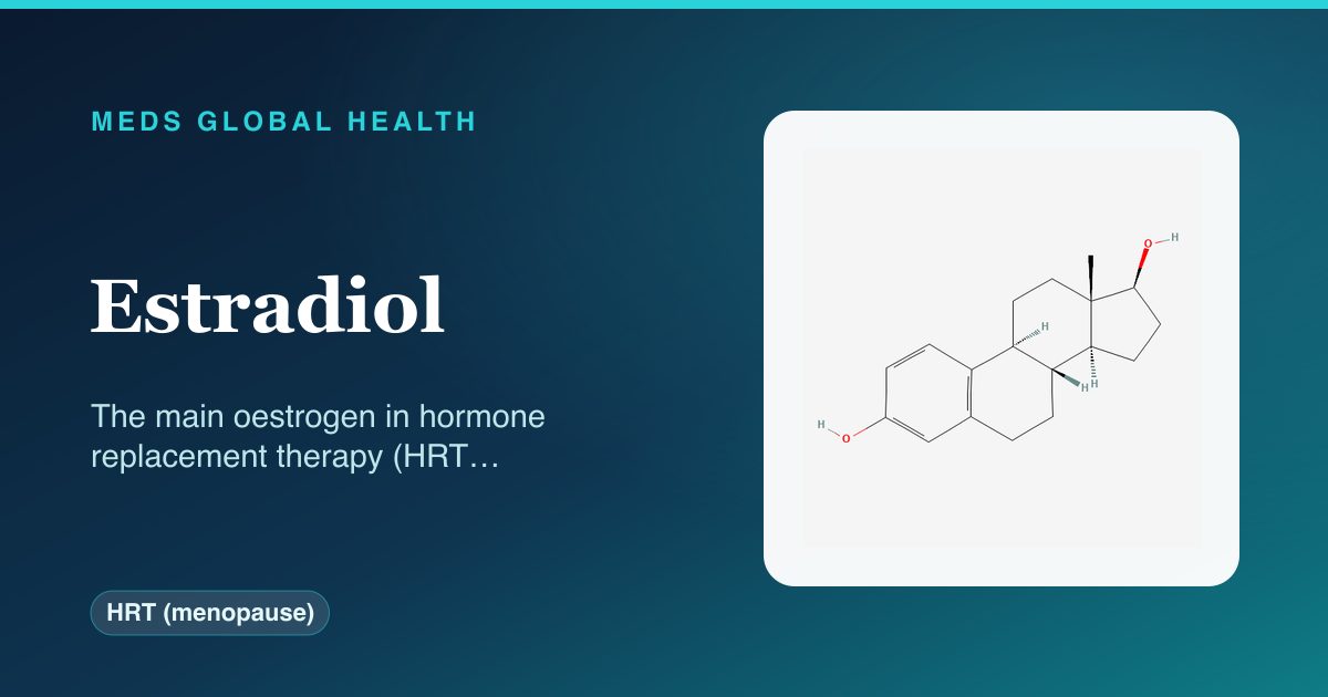 Estradiol (HRT (menopause)) — Meds Global Health reference card with 2D molecular structure