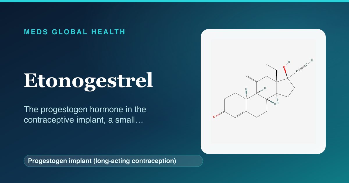 Etonogestrel (Progestogen implant (long-acting contraception)) — Meds Global Health reference card with 2D molecular structure