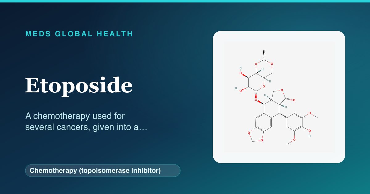 Etoposide (Chemotherapy (topoisomerase inhibitor)) — Meds Global Health reference card with 2D molecular structure