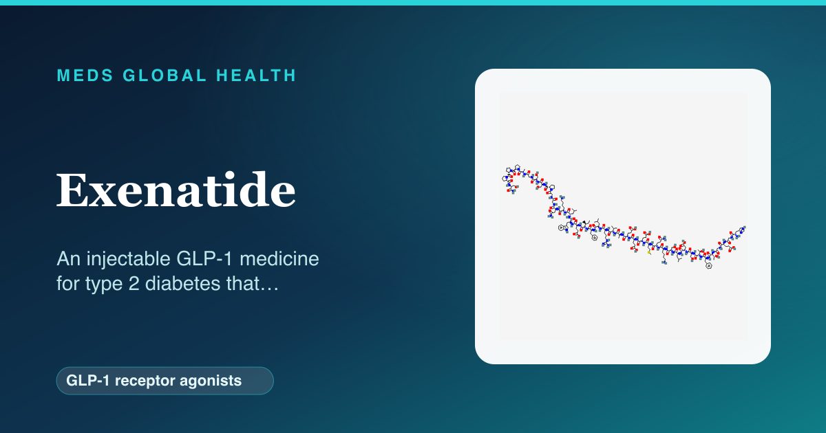 Exenatide (GLP-1 receptor agonists) — Meds Global Health reference card with 2D molecular structure