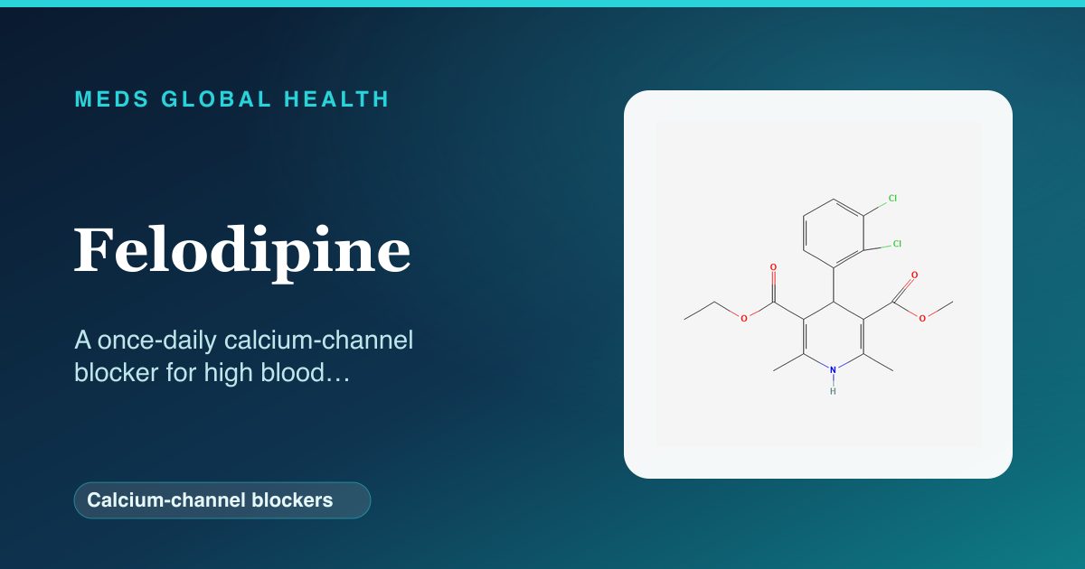 Felodipine (Calcium-channel blockers) — Meds Global Health reference card with 2D molecular structure