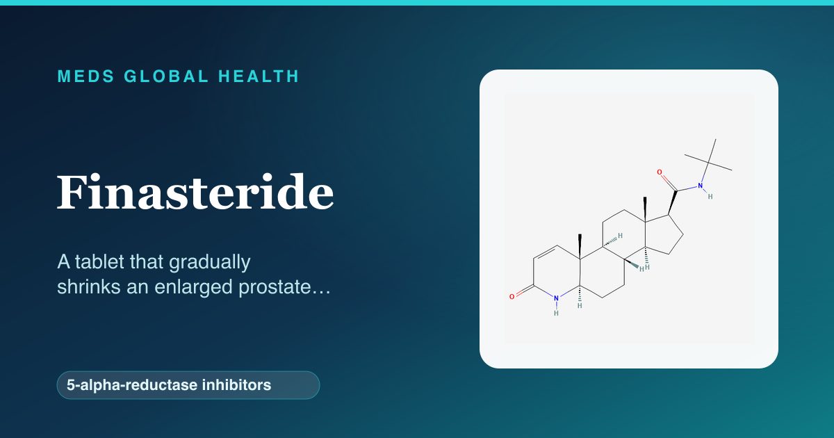 Finasteride (5-alpha-reductase inhibitors) — Meds Global Health reference card with 2D molecular structure