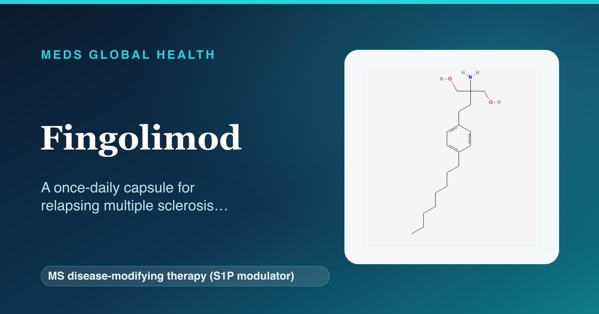 Fingolimod (MS disease-modifying therapy (S1P modulator)) — Meds Global Health reference card with 2D molecular structure