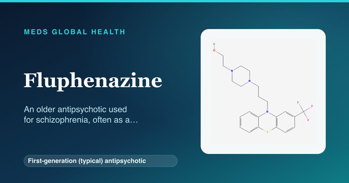 Fluphenazine (First-generation (typical) antipsychotic) — Meds Global Health reference card with 2D molecular structure