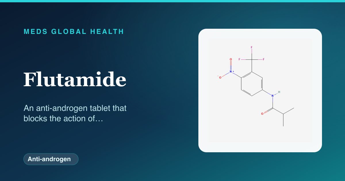 Flutamide (Anti-androgen) — Meds Global Health reference card with 2D molecular structure