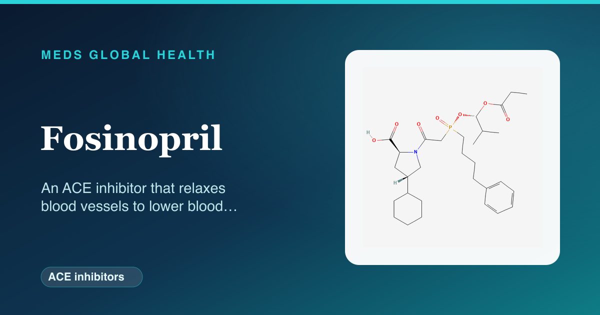 Fosinopril (ACE inhibitors) — Meds Global Health reference card with 2D molecular structure