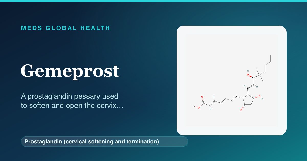 Gemeprost (Prostaglandin (cervical softening and termination)) — Meds Global Health reference card with 2D molecular structure
