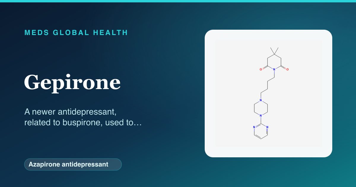 Gepirone (Azapirone antidepressant) — Meds Global Health reference card with 2D molecular structure