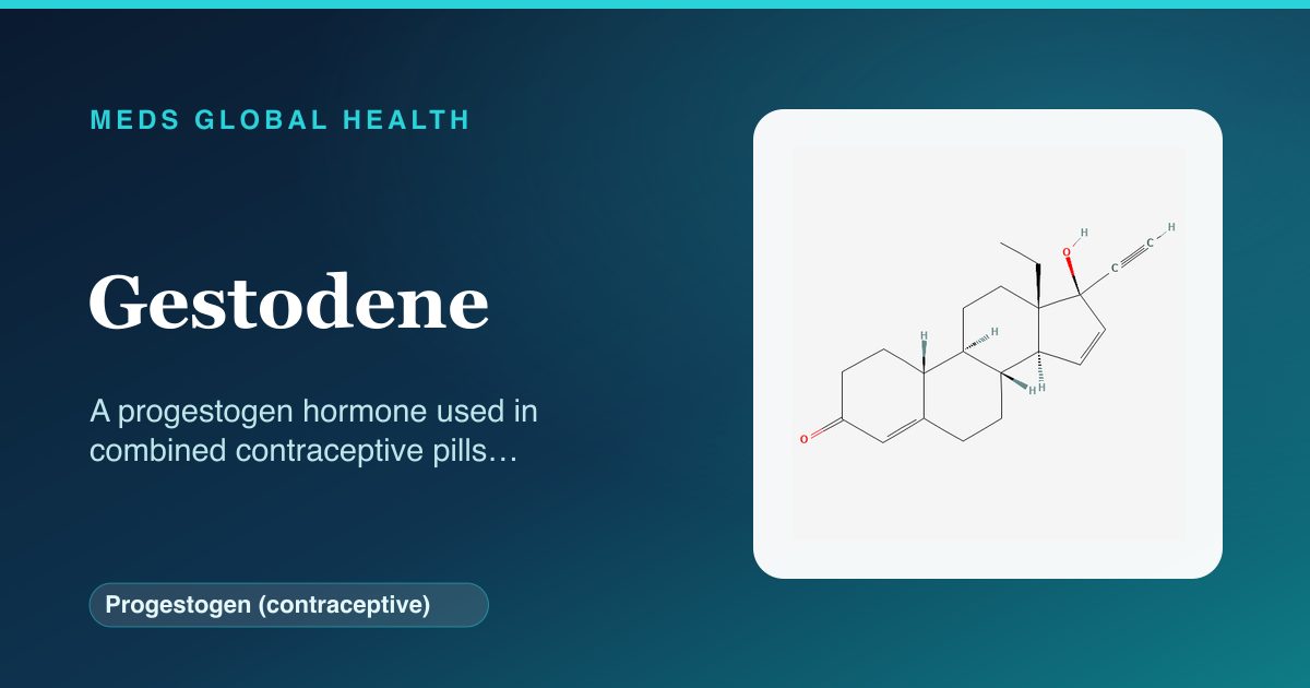 Gestodene (Progestogen (contraceptive)) — Meds Global Health reference card with 2D molecular structure