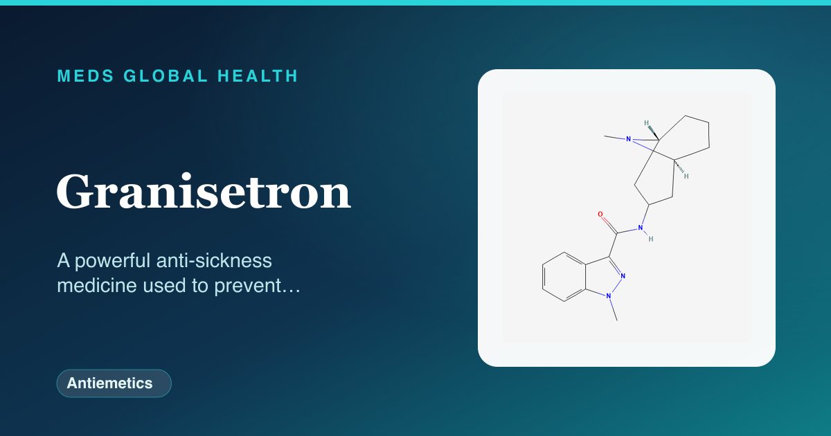Granisetron (Antiemetics) — Meds Global Health reference card with 2D molecular structure