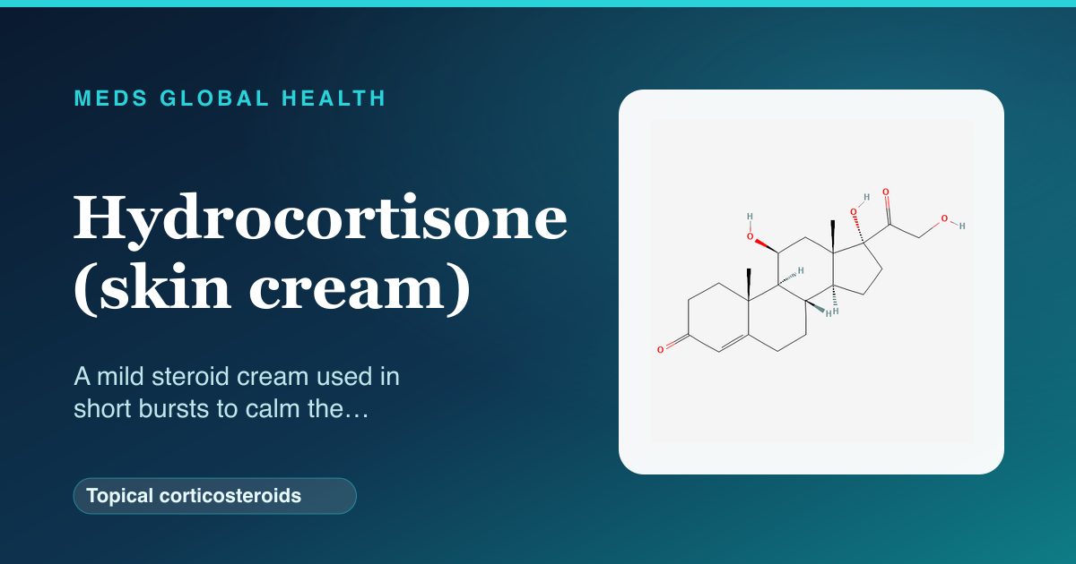 Hydrocortisone (skin cream) (Topical corticosteroids) — Meds Global Health reference card with 2D molecular structure