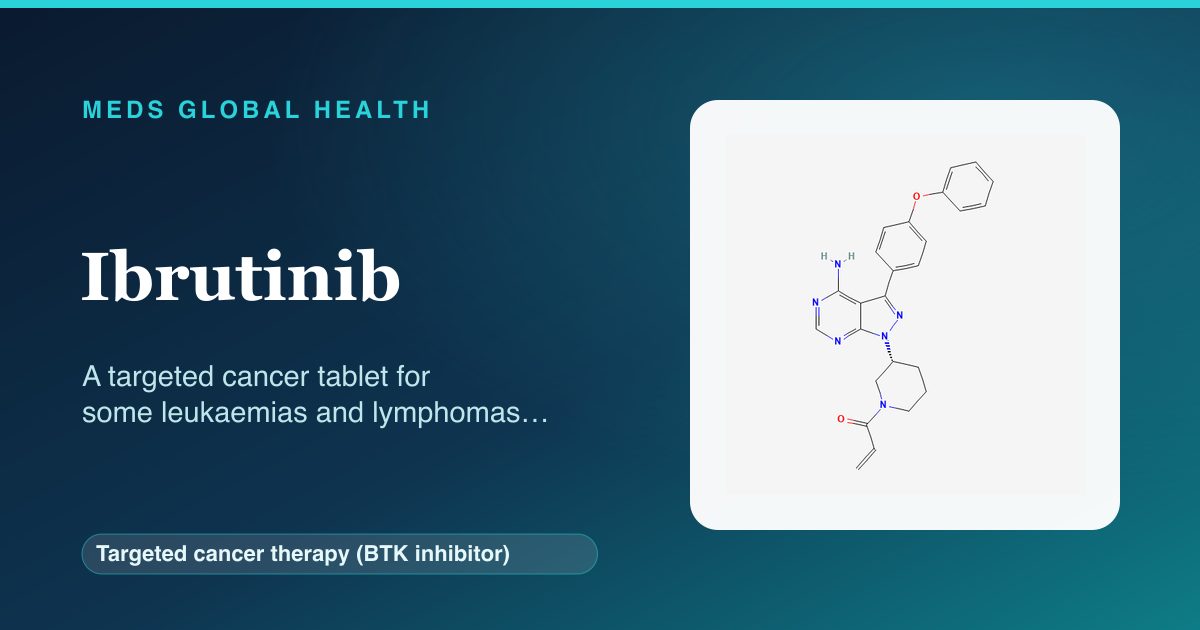 Ibrutinib (Targeted cancer therapy (BTK inhibitor)) — Meds Global Health reference card with 2D molecular structure